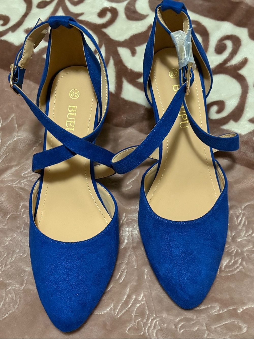 Buepu Women's Royal Blue Pointed Toe Ankle Strap Heels